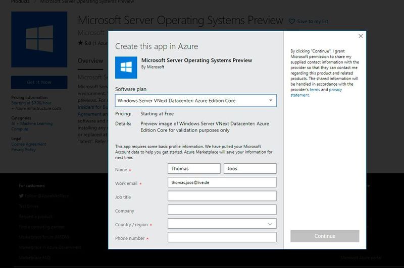 Windows Server vNext steht auch als Microsoft Server Operating Systems Preview in Microsoft Azure zur Verfügung. (Bild: Joos)