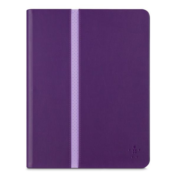 Die Streifen-Hüllen für das iPad Air und iPad Air 2 (F7N252) schlagen mit 39,99 Euro zu Buche. Das Cover kommt im klassisches Folien-Design mit unterbrochenen Längsstreifen. Die Auto-Wake-Hülle hat einen Magnetverschluss und einen integrierten Stopp, der ein Verrutschen bei Gebrauch verhindert. Das Cover gibt es in den Farben Schwarz und Pflaume. (Bild: Belkin)