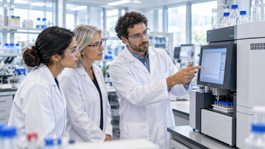 Fig. 2: Il team di laboratorio durante una sessione di formazione sull’uso delle apparecchiature – Immagine simbolica che illustra il crescente impegno richiesto dalla formazione.(Bild:  KI-generiert)
