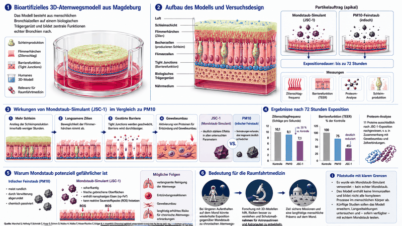 Das an der Universitätsmedizin Magdeburg entwickelte bioartifizielle 3D-Atemwegsmodell bildet die Schleimproduktion, den Schlag der Flimmerhärchen und die Barrierefunktion menschlicher Bronchien realitätsnah nach und dient als Testsystem für die Untersuchung möglicher Gesundheitsrisiken durch Mondstaub.(Bild:  Nach Marchal et al., Trends in Biotechnology (2026); G. Deußing.)