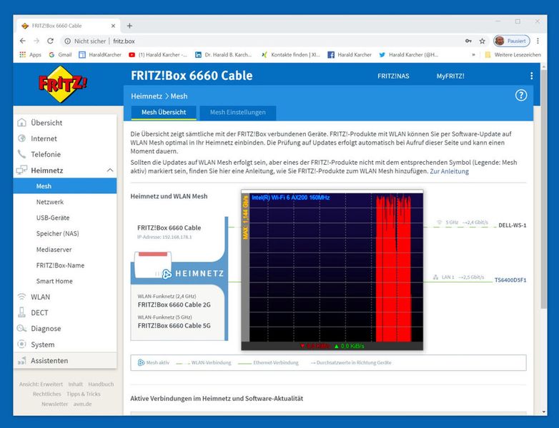 Abbildung 22: Download vom NAS-Speicher über die AVM FRITZ!Box 6660 Cable auf den 11ax-Dell-Tower im 5 GHz-Band: Spitzen bis 1.144 Mbps. Durchschnitt knapp über 1.000 Mbps. (Bild: Harald Karcher)