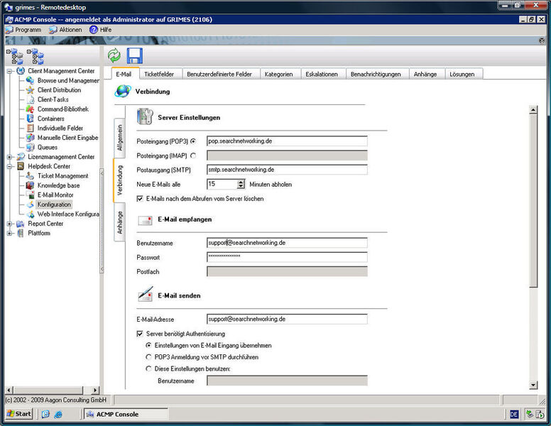 Abbildung 4: Die Konfiguration des ACMP Helpdesk Centers ist direkt in die ACMP-Console integriert. Die E-Mail-Konfiguration entspricht weitgehend der Prozedur, die von jeder E-Mail-Client-Software bekannt ist. (Archiv: Vogel Business Media)