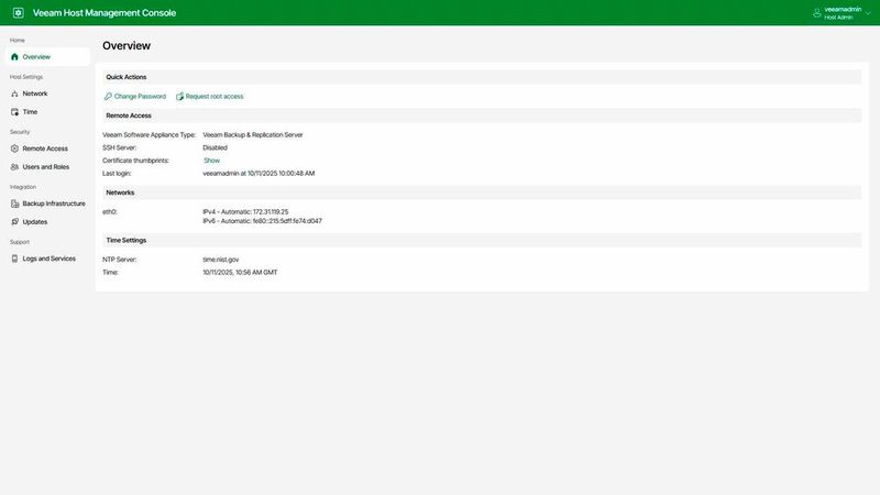 Veeam Host Management Console, Teil der vorab gehärteten, vorkonfigurierten Veeam Software Appliance. (Bild: Veeam)
