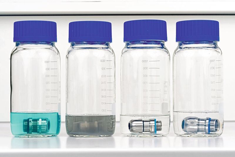 Vier Wochen lang lagen diese Kabelverschraubungen in aggressiven Reinigungsmitteln. Die Skintop Hygienic aus Edelstahl (rechts) blieb unverändert. (Wolfram Scheible)