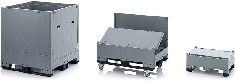 Bei den faltbaren Palettenboxen von Auer Packaging reduzieren die einklappbaren Seitenwände das Volumen der Behälter auf ein Minimum. (Bild: Auer Packaging)