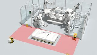 Dieses Schaubild zeigt die lückenlose Absicherung einer Übergabestation für fahrerlose Transportfahrzeuge (FTF) und Roboter. (Leuze Electronic)