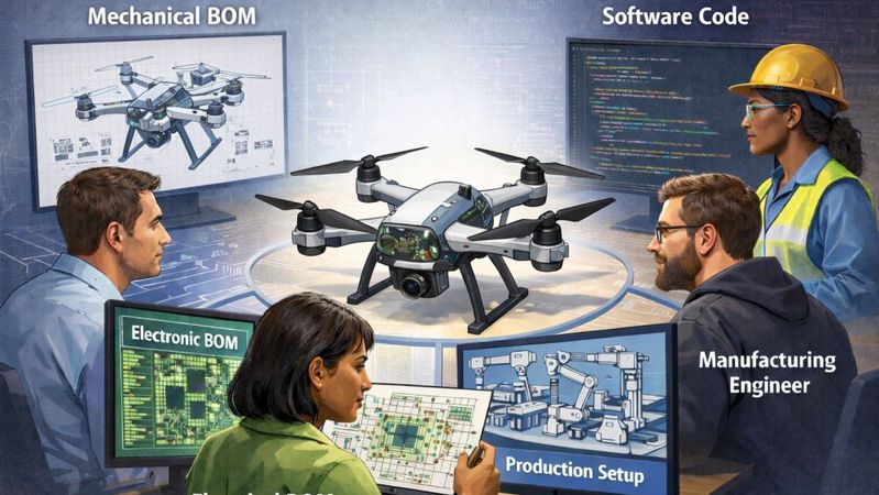 Moderne Produkte entstehen in spezialisierten Disziplinen wie Mechanik, Elektronik und Software, die jeweils eigene Prozesse und Produktbeschreibungen nutzen. Was fehlt, ist ein gemeinsamer struktureller Bezugspunkt, der diese Perspektiven im Entwicklungsprozess zusammenführt. (Bild:  TTPSC/generiert mit KI)