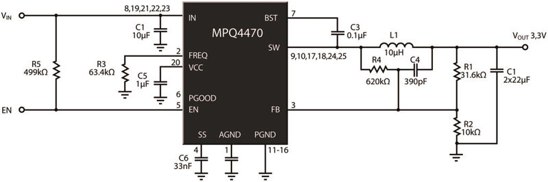 Bild 1, Beschaltung des MPQ4470: über R4 und C4 wird zusätzlich ein Ripple-Signal in das Rückkoppel-Netzwerk R1 und R2 eingespeist, um die Schaltfrequenz unabhängig vom ESR des Ausgangskondensators zu machen (Bild: Codico)