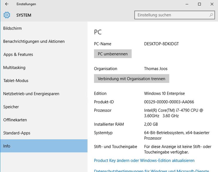 Die Anbindung an Azure AD kann man auch jederzeit über „Einstellungen\System\Info“ vornehmen. Hier lassen sich die Verbindungen von Rechnern auch wieder trennen, wenn keine Anbindung an Azure Active Directory mehr zur Verfügung stehen soll. (Bild: Thomas Joos)