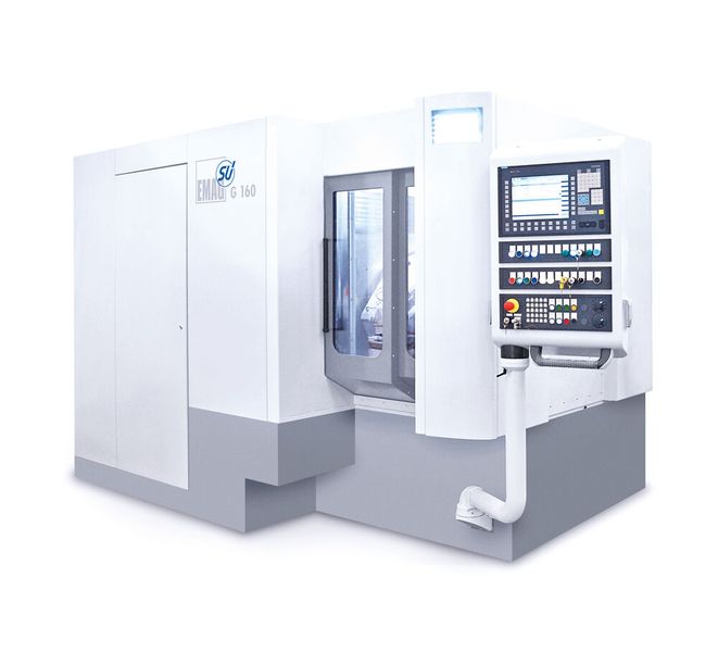 Die Wälzschleifmaschine G 160 von Emag SU zeichnet sich durch eine spezielle Maschinenstruktur aus. Durch das simultane Verfahren aller Achsen ergibt sich beim Zahnflankenschleifen dadurch etwa eine Span-zu-Span-Zeit von unter 2 Sekunden. (Bild: Emag SU)