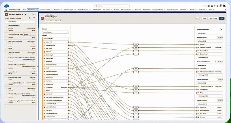 So sieht der Bildschirm der Salesforce Customer Data Platform „Customer 360” jetzt aus. Deutlich sind die Objekte im Data Lake zu erkennen. In diesem Bildschirm werden Contact Mappings ausgeführt. (Bild: Salesforce)