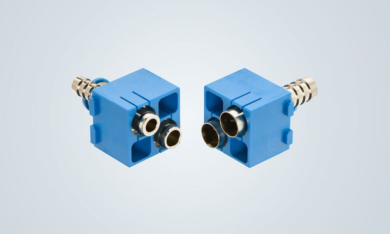 Das Han-Modular Pneumatik Doppelmodul von Harting kommt bei der Verlegung leistungsstarker Luftdrucknetze in Industrie-Steckverbindern zum Einsatz. (Harting)