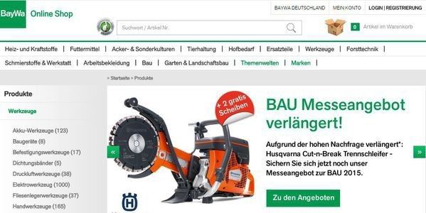 Die BayWa, Europas größter Agrarhändler, setzt auf das Internet und den Online-Handel als Wachstumsmotor. Seit Mitte 2013 stellt das Unternehmen sein komplettes Online-Sortiment im BayWa Online-Shop zur Verfügung. (BayWa – Screenshot www.baywa.de/shop/produkte/werkzeuge)