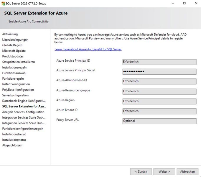 Anbinden von SQL Server 2022 an Microsoft Azure. Die jeweiligen Daten lassen sich direkt in der Installationsroutine angeben.  (Bild: Joos (Screenshot))
