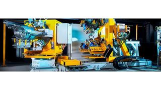 Die Nimak-Schweißanlage, die bei Bosch Home Comfort in der Fertigung von Heizspiralen zum Einsatz kommt. Links das aufgespannte Werkstück, das über einen Drehtisch in die exakte Schweißposition gebracht wird. (Bild: Nimak)