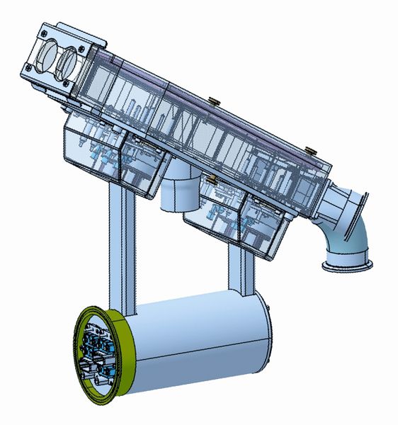 CAD eines Tablettenauslaufes für die 3090i Doppelrundläuferpresse. Oben der transparente Ablauf selbst, unten die Steckerbuchse, deutlich zu erkennen: Die Vielzahl der Stecker für den multifunktionalen Anschluss.  (Bild: Fette)