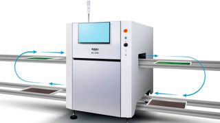 3D-AOI: Das Inline-Inspektionssystem 3Di-LS3BX von Saki prüft THT-Lötstellen und die gesamte Leiterplattenunterseite auf Fehler und Fremdkörper. Dabei erkennt es auch Lotkugeln ab 200 µm. (Bild: Saki)