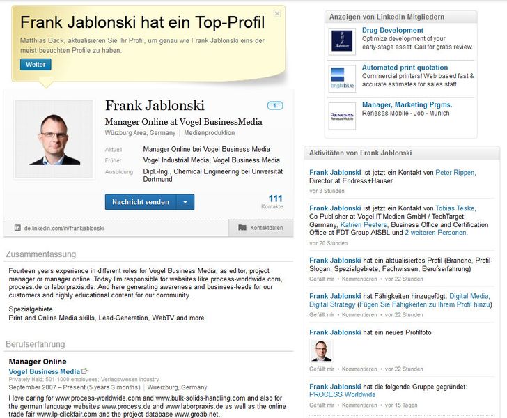 Ähnlich wie bei Xing geht es auf LinkedIn darum, so viele relevante Informationen wie möglich auf dem eigenen Profil zu hinterlegen. (Screenshot: LinkedIn)