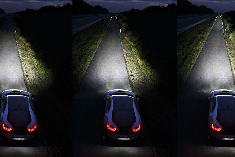 Im Vergleich: LED-Abblendlicht (l.), LED-Fernlicht (m.), Laser-Fernlicht (r.). (Foto: BMW)