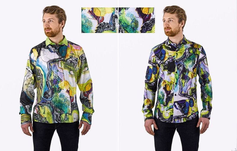 Ebenfalls ausgezeichnet wurde das Germens Künstlerhemd „Alnuso“. Die Plagiate wurden hergestellt von der Gabano Fashion Design Agency (Türkei) und vertrieben über die Gabano UG (Melle, Deutschland). Beim gezeigten - und vielen weiteren Gabano-Plagiaten - wurden Farben, und die den Gesamteindruck prägenden Kunst-Motive, nahezu eins zu eins übernommen. Dabei wurden lediglich die Anordnung und winzige Details verändert, beziehungsweise gedreht. (Bild: Aktion Plagiarius e.V.)