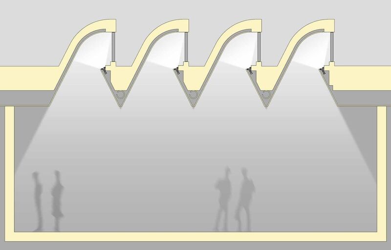 Die Shed-Leuchte ergänzt in den Obergeschossen des Lenbachhauses das Tageslicht aus den Oberlichtern (engl. „Sheds“). Dazu befindet sie sich direkt unterhalb der Fenster und strahlt – wie das natürliche Licht – zunächst in die Sheds und dann indirekt in die Ausstellungsräume. (Osram)