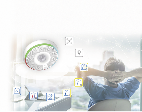 (Bild 1: Der Smart-Mesh-Multisensor viaSens116 misst Temperatur, Feuch- te, Luftqualität, Präsenz, Lichtintensi- tät und Geräuschpegel und integriert sich als IoT-Device mit MQTT in das Gebäudeautomationssystem. Bild: Sauter Deutschland)