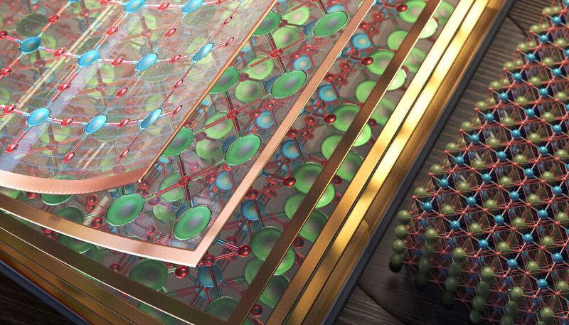 Forschende aus Jülich, Aachen, Stanford und Berkeley haben den schichtweisen Aufbau eines Katalysatormaterials untersucht (hier als einzelne Lagen (links) und in der vollen Kristallstruktur (rechts) dargestellt) und herausgefunden, dass eine atomar dünne Oberflächenschicht die Aktivität für die Wasserspaltungsreaktion verdoppeln kann. (CUBE3D Graphic)