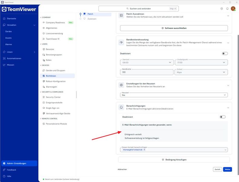 Der Patch-Schritt regelt Bandbreitendrosselung auf 512 Kbps, Neustartverhalten und E-Mail-Benachrichtigungen zur Verteilung. (Bild: Joos - TeamViewer)