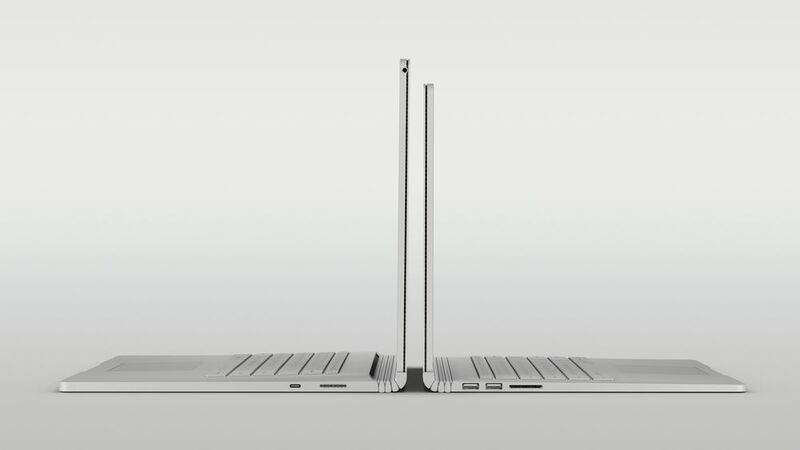 In der Dicke unterscheiden sich die beiden Surface-Book-2-Modelle nicht. Allerdings bringt die 15-Zoll-Version 1,9 kg auf die Waage, der 13,5-Zöller nur 1,64 kg.  (Microsoft)