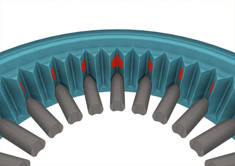 Abkehr vom Zahnrad: Die neue Getriebekinematik von Wittenstein weist etwa 6,5 mal mehr tragende Zahnfläche auf als vergleichbare, schrägverzahnte Planetengetriebe. Hieraus resultieren zu einem erheblichen Maße u. a. die bis zu 170%-ige Leistungssteigerung bei der Drehmomentwandlung. (Wittenstein)
