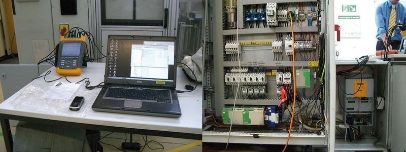 Bild 2: Zur Messung von Umrichter- und Motorleistung bei Last eignet sich am besten die Drei-Wattmeter-Methode. Dazu sind ein Netz- und Leistungsanalysator, ein Stromwandler und PC erforderlich (links) und Spannungs-Tastköpfe (rechts).  Bilder: Parker Hannifin (Archiv: Vogel Business Media)