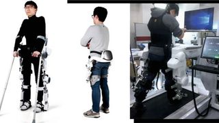 Links, neben dem im Aufmacherbild zu sehenden stationären Exoskelett von Hexar Humancare ist ein tragbares Exoskelett des koreanischen Unternehmens zu sehen, das mit den ITA-Experten diese Art von Reha-Möglichkeiten optimieren will. (Bild: Hexar Humancare)
