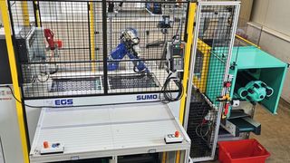 The overall system includes the palletizing system, the robot, and the transfer station. (Image:EGS Automation)