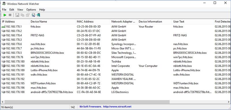 Abbildung 6:Nach dem Start scannt Wireless Network Watcher das WLAN auf vorhandene Geräte und zeigt IP-Adressen und Rechnernamen an. Der Scanvorgang lässt sich jederzeit wiederholen und das Scan-Ergebnis speichern.  (Bild: Joos)