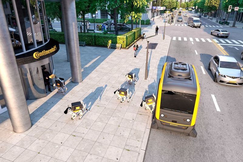 Fahrerlose Fahrzeuge werden, so die Vision von Continental, mit Lieferrobotern kombiniert, um Pakete bis zum Verbraucher zu transportieren. (Contintental)