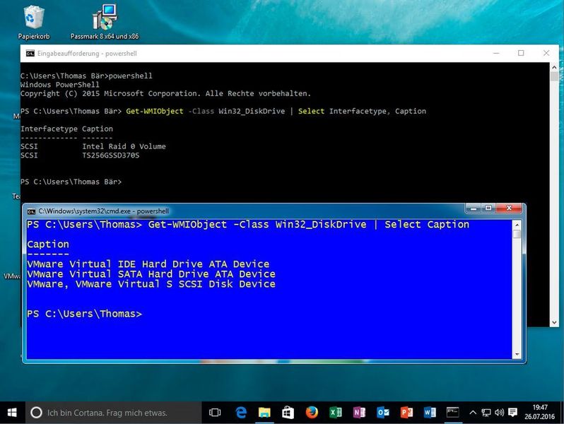 In der VMware-Welt (blaues Fenster) ist alles so schön ordentlich – Festplatten melden sich passend zu ihrem „virtuellen“ Anschlusstyp mit IDE, ATA oder SCSI. Angeschlossen an einen iPerc-RAID-Adapter mutieren alle SATA-Platten zu SCSI-Devices (schwarzes Fenster). (Schlede/Bär)