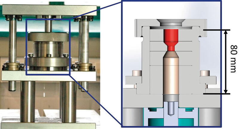 Werkzeugaufsatz für die 400-kN-Presse des IBF zur Durchführung von Vollvorwärtsfließpressexperimenten. Durch das Containment-System in der Mitte können verschiedene Matrizengeometrien eingesetzt werden. (Bild: IBF)