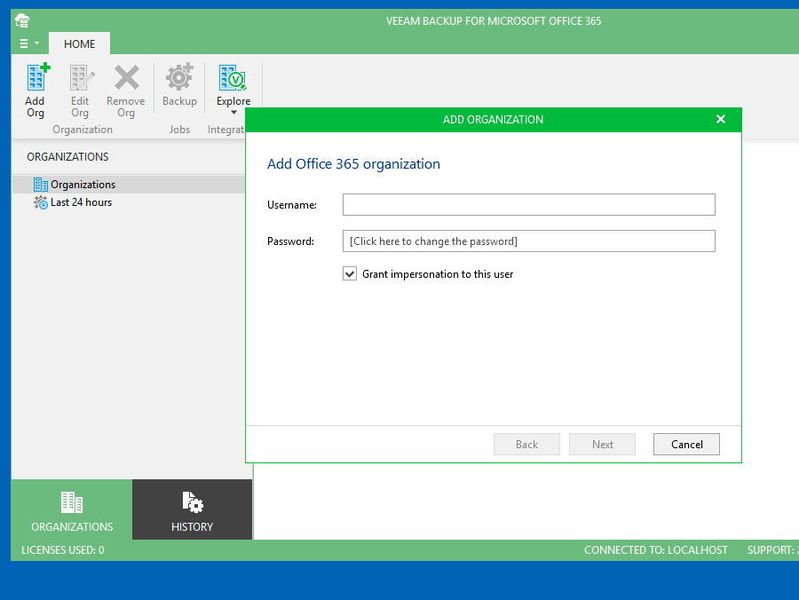 Über die Schaltfläche „Add Org“ lassen sich Office 365-Abonnements anbinden. Zur Anbindung sind die Anmeldedaten eines Office 365-Administrators notwendig. Natürlich lassen sich auch eigene Benutzer für die Verwaltung der Datensicherung anlegen. (Thomas Joos)
