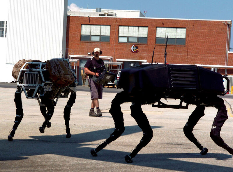 Zwei Schreitroboter vom Typ Big Dog. Die Entwicklung der Automaten wurde mit Mitteln des US-Verteidigungsministeriums gefördert. Im vergangenen Jahr kaufte Google Boston Dynamics, den Hersteller des Roboters. (U.S. Marine Corps/Public Domain)