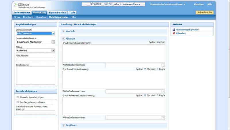 Die Registerkarte „Verwaltung“ in der Weboberfläche von Forefront Online Protection for Exchange erlaubt es, den Spamschutz zu konfigurieren und eigene Regeln zu hinterlegen. Auch hier erfolgt die Einrichtung über das Webinterface, lokal installierte Tools sind nicht notwendig. (Archiv: Vogel Business Media)