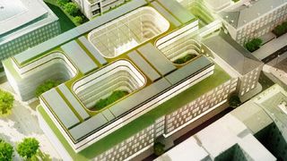 Die neue Konzernzentrale lässt sich  zu Fuß durchqueren und ermöglicht so den Durchgang zwischen der Münchner Altstadt und den Museen im Kunstareal der Maxvorstadt. Photovoltaikanlagen auf dem Dach, die Speicherung von Regenwasser im Gebäude zur Wasserversorgung sowie die Energiegewinnung aus der Bodenplatte sind Beispiele für den schonenden Umgang mit Ressourcen. (Siemens AG)