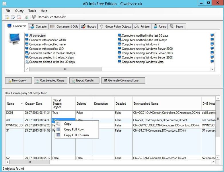 Abbildung 2: Mit AD Info erstellen Administratoren schnell und einfache eine Übersicht der verschiedenen Objekte in Active Directory. Computer, Benutzer und Gruppenrichtlinien lassen sich anzeigen und auch in komplexen Gesamtstrukturen zusammen erfassen. Der Umgang mit dem Tool ist sehr einfach. (Joos)