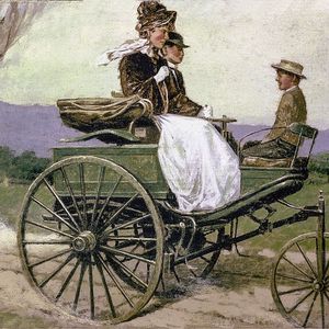 Im August 1888 unternimmt Bertha Benz, die Ehefrau von Automobilerfinder Carl Benz, die weltweit erste Fernfahrt mit einem Automobil. Mit dem Benz Patent-Motorwagen Modell 3 bewältigt sie die Strecke von Mannheim nach Pforzheim und zurück. Historisches Gemälde.(Bild:  Mercedes-Benz AG)