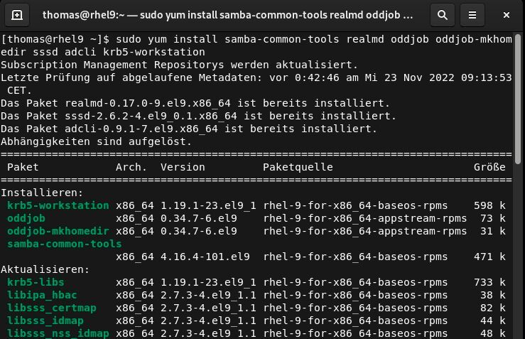 Die Pakete samba-common-tools, realmd, sssd und krb5-workstation bereiten ein RHEL-System auf den Beitritt zu einer Active-Directory-Domäne vor. (Bild: Joos)