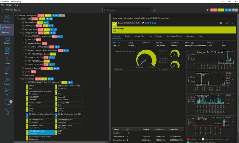 Die Desktop-App verfügt unter anderem über einen Dark-Mode. (Bild: Paessler / IT-Testlab)