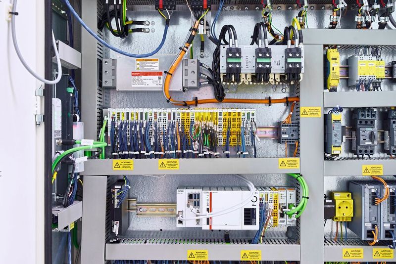 Der Embedded-PC CX2043 sowie zahlreiche Ethercat- und Twinsafe-Klemmen als Kern der Steuerungstechnik, darüber Beckhoff Netzfilter C2 und Netzdrossel für das kombinierte Einspeise- und Achsmodul AX8525. (Bild: Beckhoff Automation)