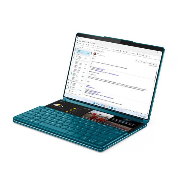 Der Nutzer kann das Keyboard ganz nach unten schieben und hat darüber einen Zusatzscreen. (Bild: Lenovo)