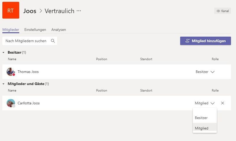 In den Einstellungen eines Kanals können Besitzer auch die Rollen von Benutzern festlegen. Zur Wahl stehen „Besitzer“ und „Mitglied“. (Thomas Joos / Microsoft)