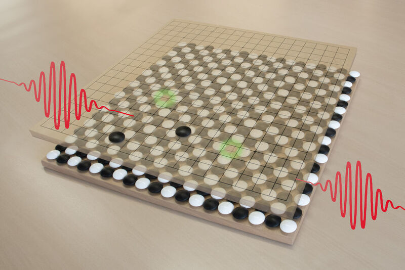 Two electrons and two holes, created by light quanta, held together by a chessboard-like background. (TU Vienna)