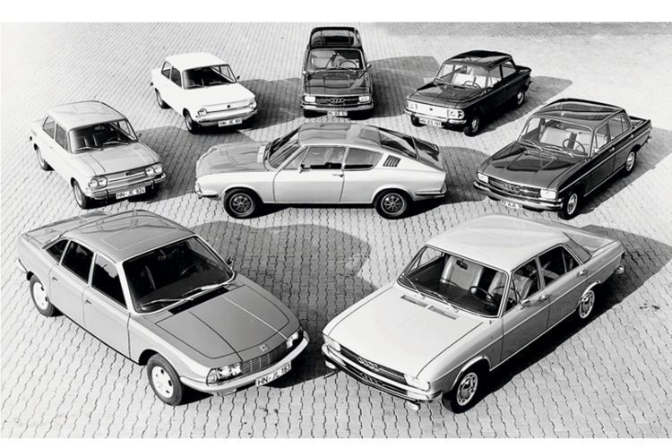 Die Fahrzeugpalette nach der Übernahme von NSU durch Audi; langfristig überlebt haben nur die Modelle der Ingolstädter, die Vorläufer von A4, A6 und A5.   (Audi AG)